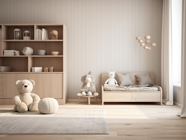 Das minimalistische Design betont helles Holz im Kinderzimmer der AI Generation