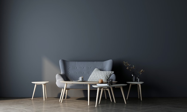 Das Mock-up-Möbeldesign in modernem Interieur und blauem Wandhintergrund, minimalem Wohnzimmer