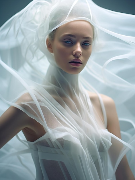 Das Model trägt ein weißes Kleid mit einem Schleier, auf dem steht: "Mode-Marke".