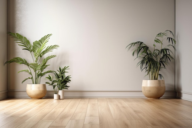 Das Modell eines leeren Raums mit Pflanzen hat einen Hartholzboden