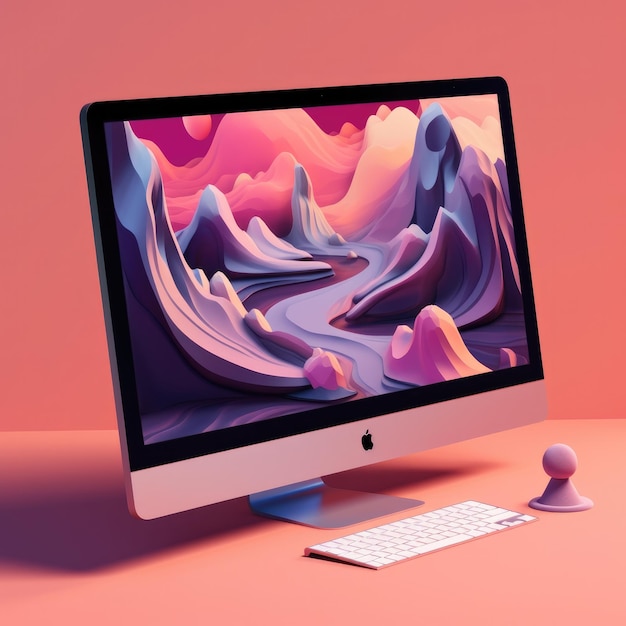 Das Modell eines PC- oder Laptop-Bildschirms enthält eine Illustration in hellen Pastelltönen mit generativer KI