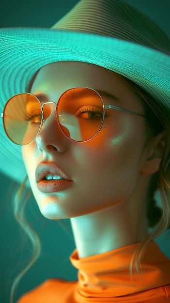 Das Modell trägt eine orangefarbene Sonnenbrille und einen türkisfarbenen Hut, während es ein orangefarbenes Mode-Top trägt