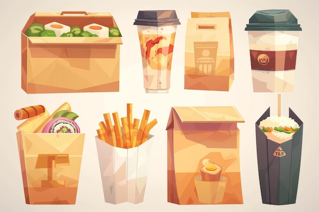 Das moderne Cartoon-Illustrations-Set umfasst Lebensmittelkisten, Kartontüten und Tassen, Einweg-Takeaway-Papierpakete für Fast-Food-Café-Mahlzeiten, Sushi-Rollen, Pizza und Pommes, Kaffee und Getränke.