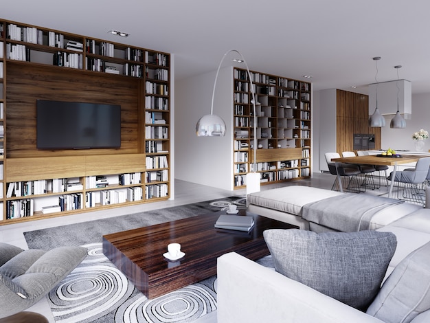 Das moderne Interieur verfügt über ein helles Wohnzimmer mit einer Küche im skandinavischen Stil mit eingebauten Holzregalen mit Büchern und einem Fernseher. 3D-Rendering