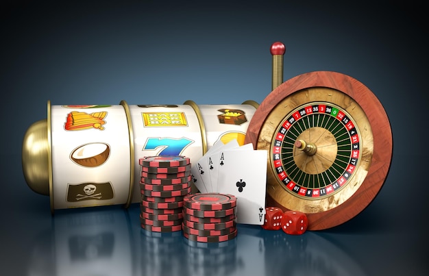 Das moderne Konzept des Casino-Logos Roulette ist von Spielrequisiten umgeben 3D-Rendering auf dunkelblau