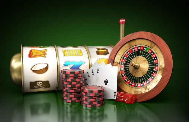 Das moderne Konzept des Casino-Logos Roulette ist von Spielrequisiten umgeben 3D-Rendering auf dunkelgrün