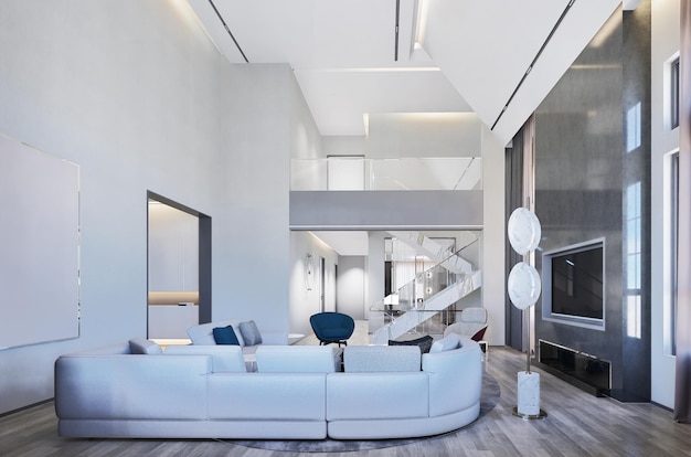 Das moderne Luxus-Interieur des Wohnzimmers ist hell und sauber 3D-Illustration