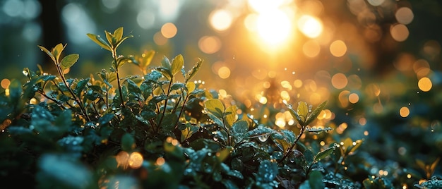 Das Morgenlicht filtert durch das Laub und wirft ein warmes Leuchten auf die dauergetränkten Blätter in einem friedlichen Garten.