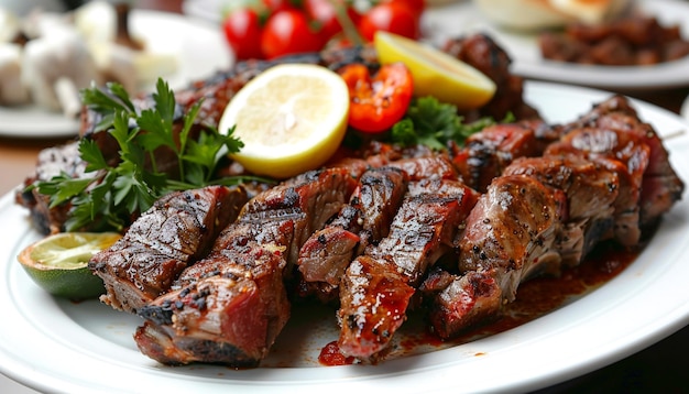 Das muslimische Eid al Adha-Gemüse ist Ramm, Schaf, Rindfleisch, gebratenes türkisches Fleisch, das auf einem weißen Teller serviert wird.