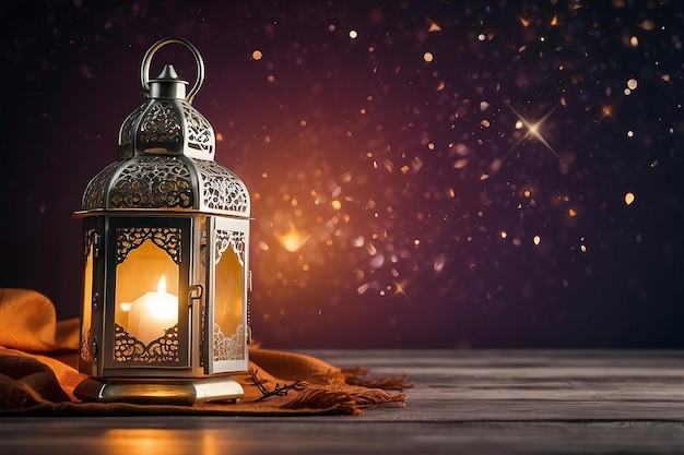 Das muslimische Fest des heiligen Monats Ramadan Kareem Schöner Hintergrund mit einer leuchtenden Laterne Fanus Freier Raum für Ihren Text