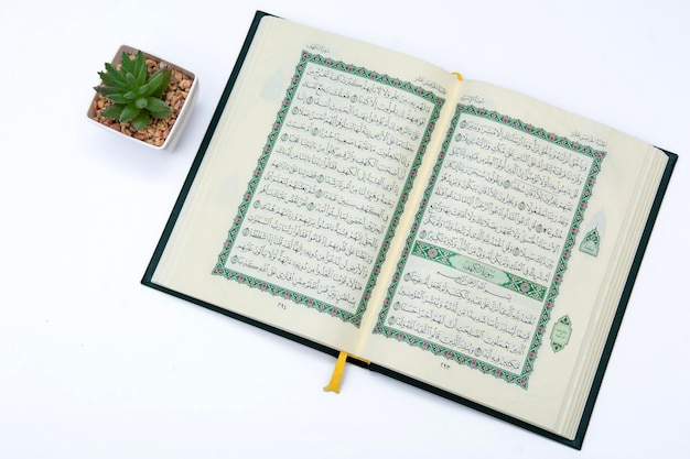 Das muslimische heilige Buch al-Qur'an auf weißem Hintergrund mit Pflanzen