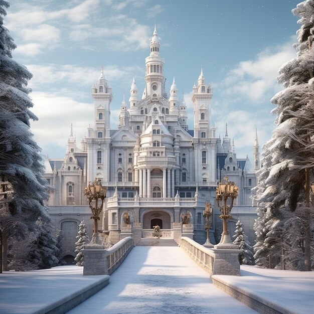 Das mythische Schloss im Winterschnee