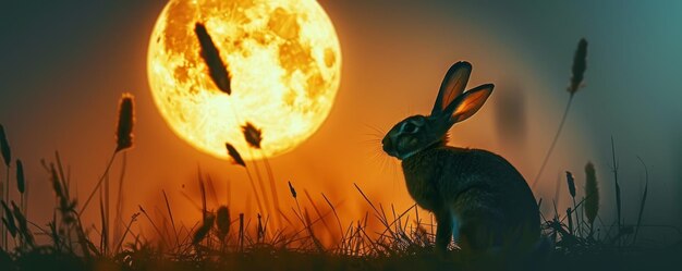 Das nächtliche Abenteuer der Osterhase Eine schattige Figur gegen den leuchtenden Mond