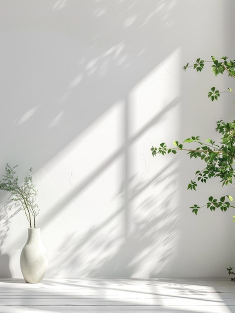 Das natürliche Sonnenlicht zeigt eine üppig grüne Pflanze in einer weißen Vase an einer Wand mit spielerischen Schatten, die die Oberfläche schmücken