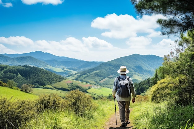 Das Naturabenteuer eines älteren Paares, das durch eine grüne Landschaft wandert