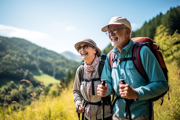 Das Naturabenteuer eines älteren Paares, das durch eine grüne Landschaft wandert