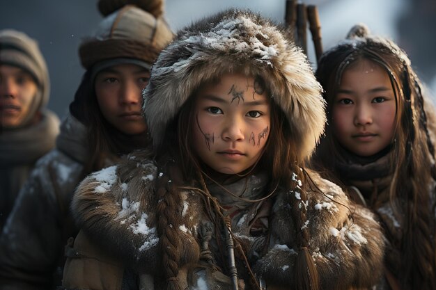 Das Nenets-Volk Nomaden, Rentierhirten aus der arktischen Tundra Sibiriens, erzeugt mit KI