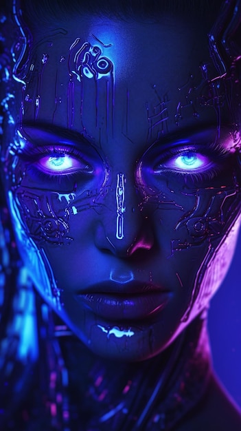 Das Neongesicht eines Cyborg-Mädchens mit Schutzvorrichtungen auf dem Kopf