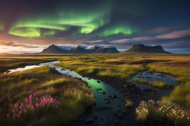 Das Nordlicht über der Sumpflandschaft mit Wildblumen in Landmannarlaugar, Island