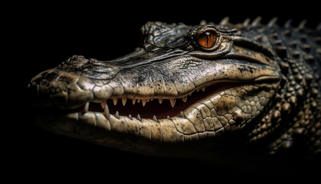 Das offene Maul eines wütenden Krokodils enthüllt scharfe Zähne, die von der KI erzeugt wurden