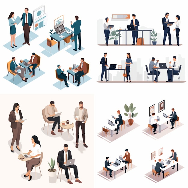 Das Office Chronicles Vibrant Vector Illustration Pack Animierte Knolling-Stil, der Arbeit darstellt