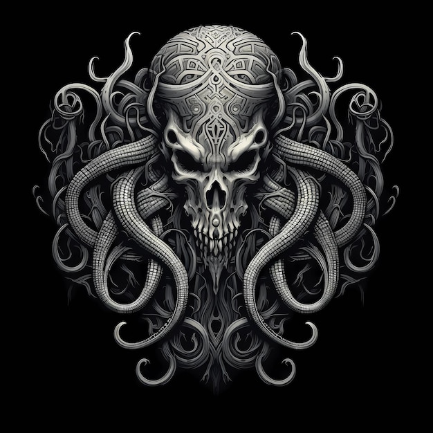 Das okkulte T-Shirt-Tattoo-Design, dunkle Kunstillustration isoliert auf schwarzem Hintergrund