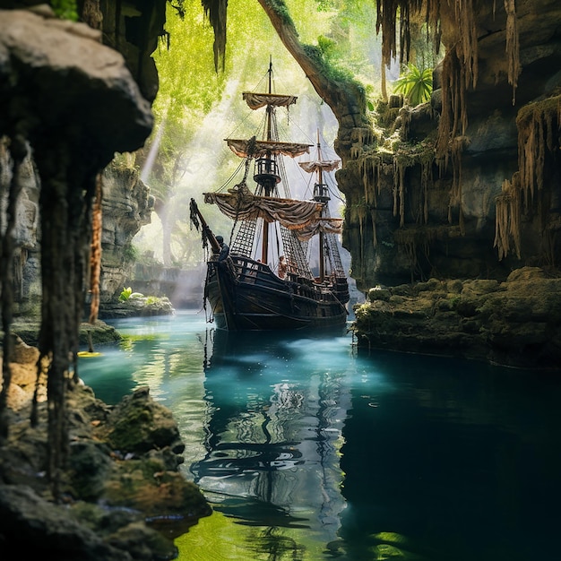 Foto das piratenschiff flüchtete in eine meereshöhle