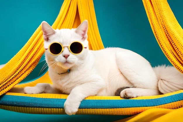 Das Porträt einer entzückenden weißen Katze mit Sonnenbrille und Hemd liegt isoliert auf einer Stoffhängematte