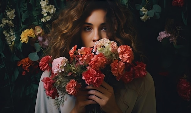 Das Porträt einer schönen Frau, geschmückt mit leuchtenden Blumen, ist ein faszinierender Anblick