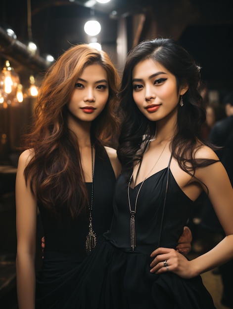 Das Porträt eines asiatischen Modelmodells, das auf der Straße für Schwestern und Zwillinge posiert