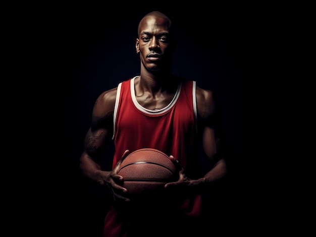 Das Porträt eines Basketballspielers mit einem Ball