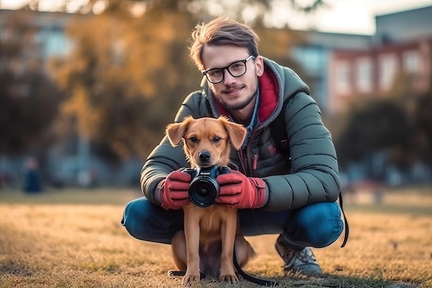 Das Porträt eines Fotografen mit Kamera und seinem besten Freund Hund Generative AI