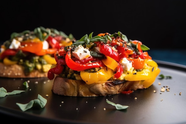 Das Profil einer Bruschetta mit Rührei, garniert mit gerösteten Paprika