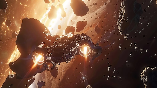 Das Raumschiff fliegt durch einen Asteroidengürtel Das Schiff ist glatt und schwarz mit blauen Motoren
