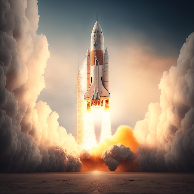 Das Raumschiff hebt in den Himmel ab Rocket startet im Weltraum generative KI