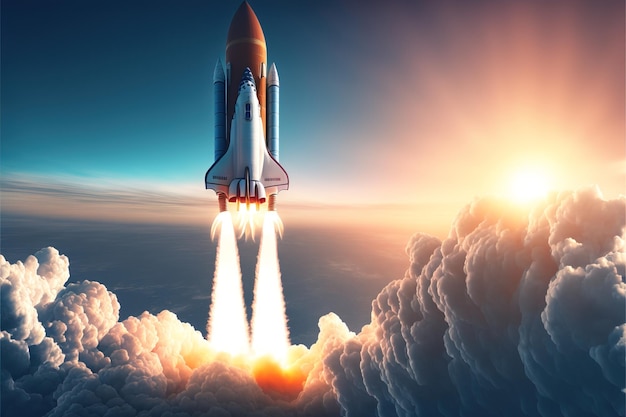 Das Raumschiff hebt in den Himmel ab Rocket startet im Weltraum generative KI