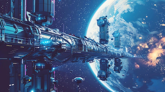 Das Raumschiff ist sehr groß und hat ein elegantes Design Es ist blau und grau und hat einen langen zylindrischen Körper Das Schiff ist von Sternen und Planeten umgeben