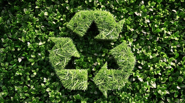 Foto das recycling-symbol aus gras auf grünem hintergrund