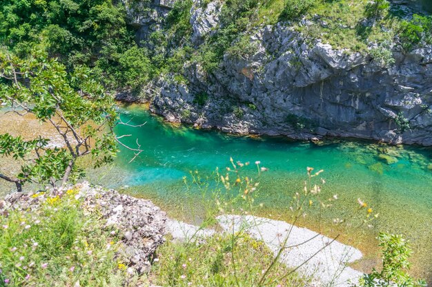 Das reinste Wasser der türkisfarbenen Farbe des Flusses Moraca, der zwischen den Schluchten Montenegros fließt