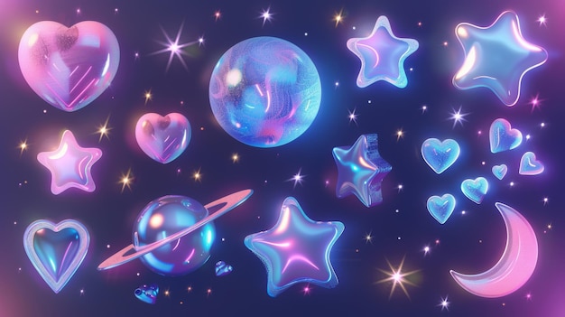 Das renderte 3D-Cyber-Chrom-Galaxie-Emoji enthält fallende Sterne, Planeten, Diamanten, Funken, Herzen und Bling