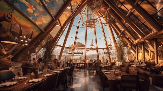 Foto das restaurant im hotel ist von einer großen glaswand umgeben.