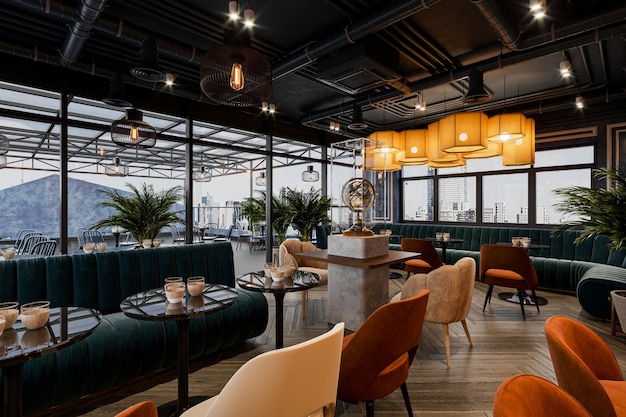 Das Restaurant verfügt über Tische und Stühle, Beleuchtung und einen Blick auf die Stadt von einem Loft