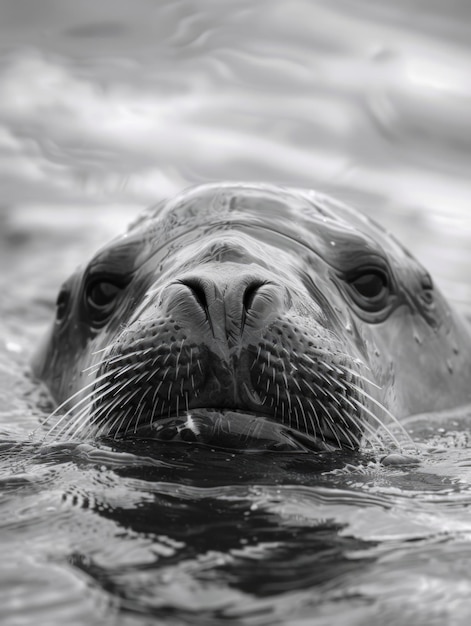 Foto das robbentier schwimmt mit dem kopf über der oberfläche im wasser