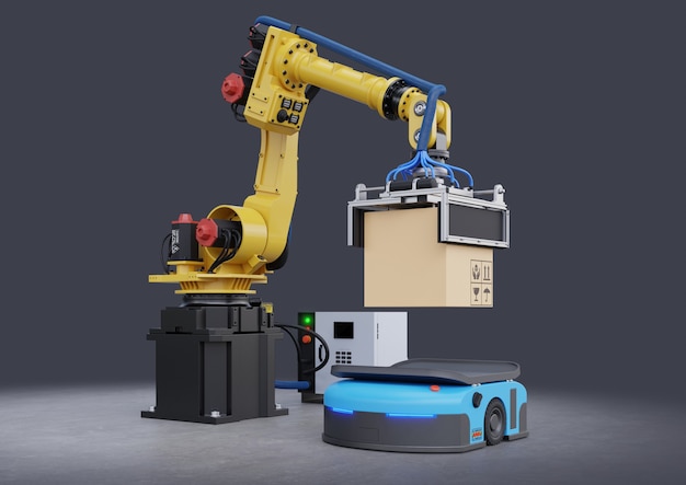 Das Roboterarmkonzept greift die Box für ein 3D-Rendering mit automatisiertem gelenktem Fahrzeug (AGV) auf