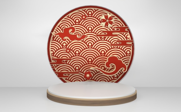 Das rote japanische Podium zeigt den geometrischen japanischen Stil des kosmetischen Produkts