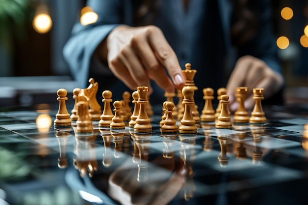 Das Schachspiel einer Geschäftsfrau spiegelt ihre strategischen Herangehensweisen in der Hand wider