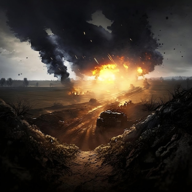 Das Schlachtfeld der Krieg in der Ukraine der Blick aus dem Graben auf die brennenden Felder Generative KI