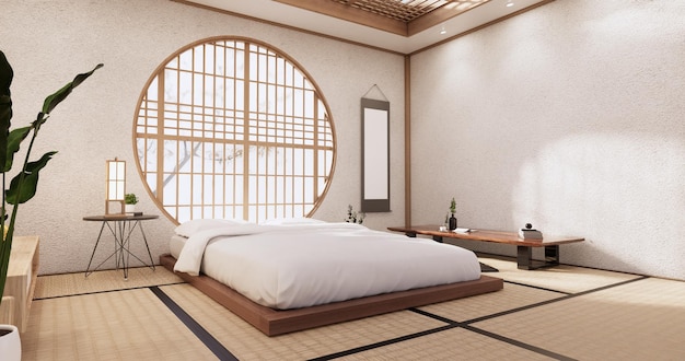 Das Schlafzimmer, japanischer minimalistischer Stil. 3D-Rendering