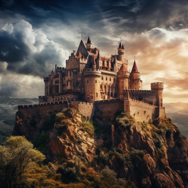 Das Schloss erhebt sich in den Himmel, umgeben von prächtigen Mauern. Generative KI