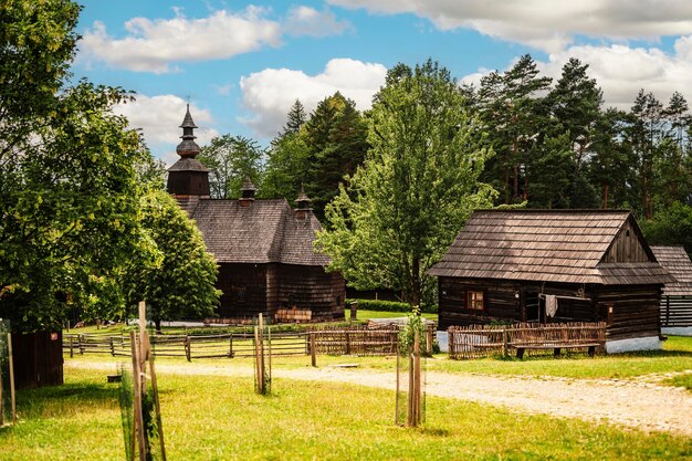 Foto das schloss stara lubovna und ein volksmuseum unter freiem himmel das lubovnische freilichtmuseum in der slowakei ist eine ethnografische ausstellung in der natur. architektonisches thema